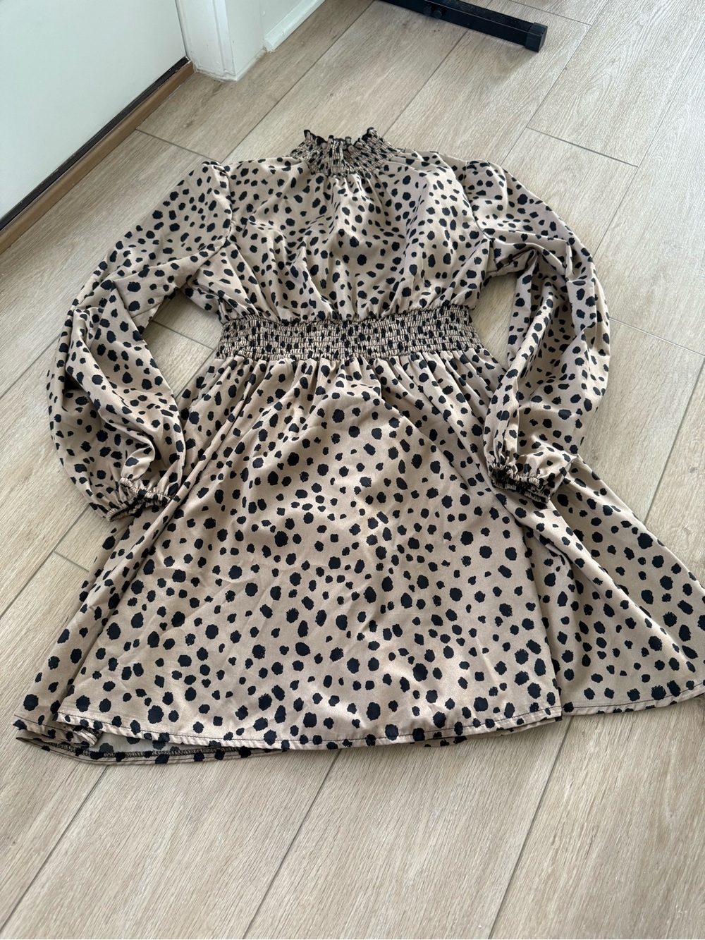 Beige & Black Spotted Smocked Waist Dress